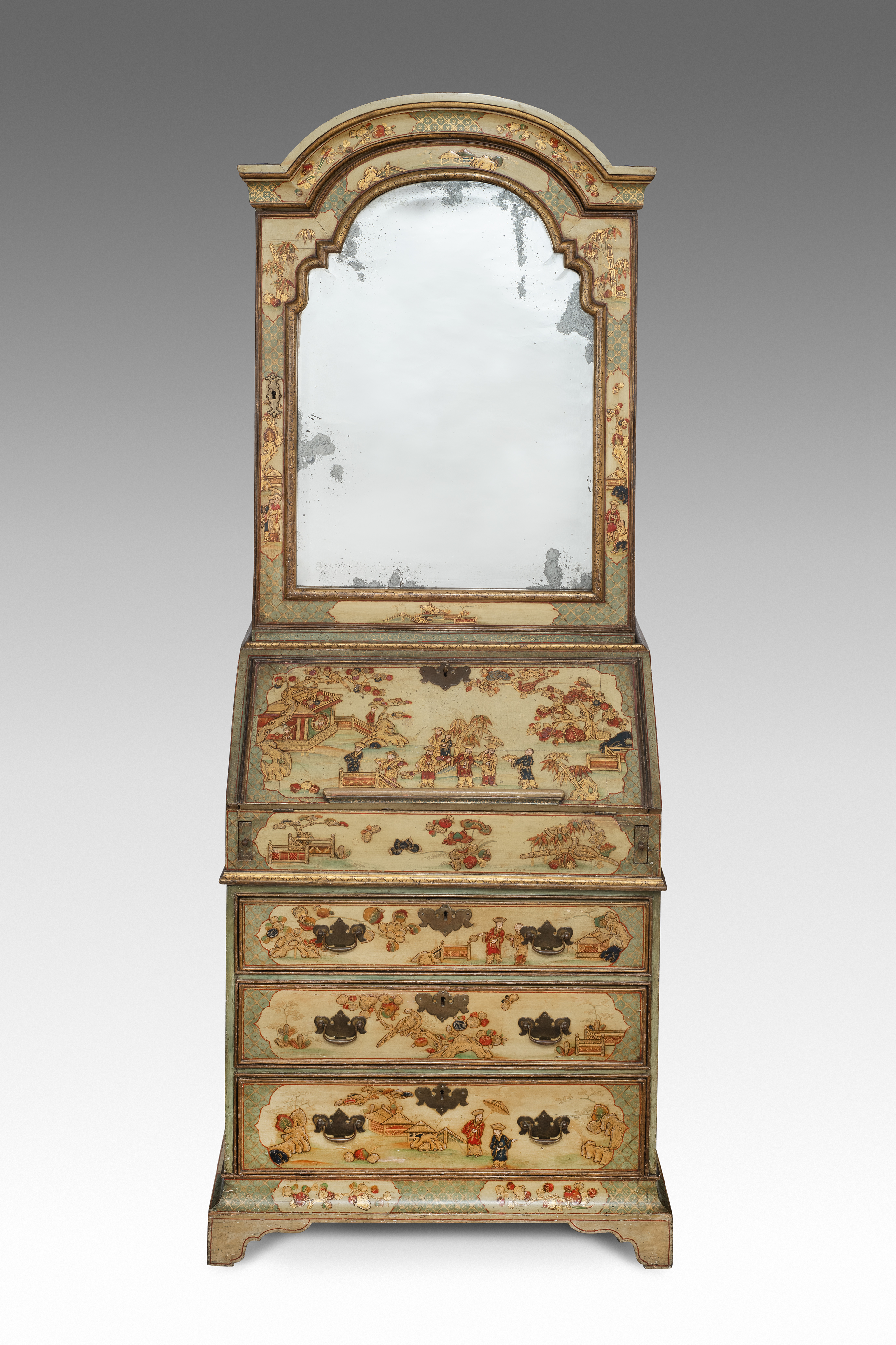 A small George I, white, polychrome and gilt Japanned bureau cabinet, in pine and oak wood, possibly decorated in Edinburgh or in Germany by an English japanner.